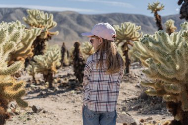 Joshua Tree Ulusal Parkı 'nı keşfeden kız çocuğu, Cholla kaktüs bahçesinin tadını çıkar.