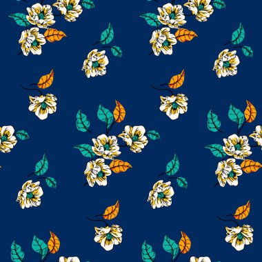 Çiçekli, yapraklı ve kuşlu kusursuz çiçek deseni. El çizildi..