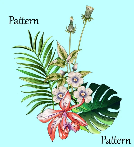 Akvarell Tropiska Blad Palm Bananblad Blommor — Stockfoto