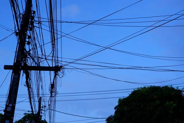 stock image high voltage power lines in the sky  technology voltage  