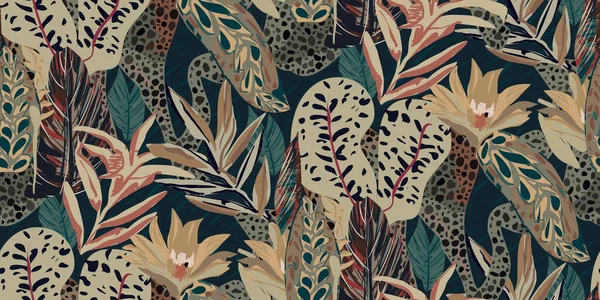 エキゾチックなジャングルはシームレスなパターンプリント 抽象的な花 ベクトルグラフィックを植えます ファッション テキスタイル 現代の創造的なイラストデザインのアートプロジェクトコレクションに最適です — ストックベクタ