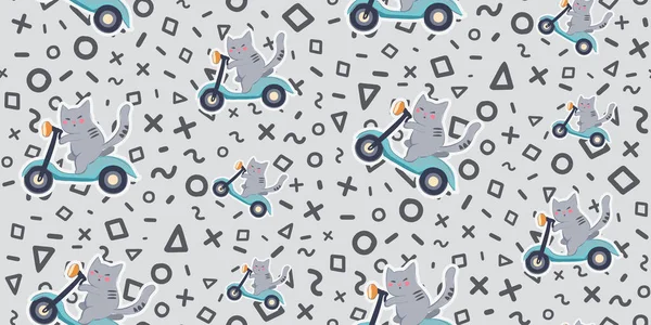 Cat Riding Scooter Seamless Pattern Vector Illustration — Stock Vector
