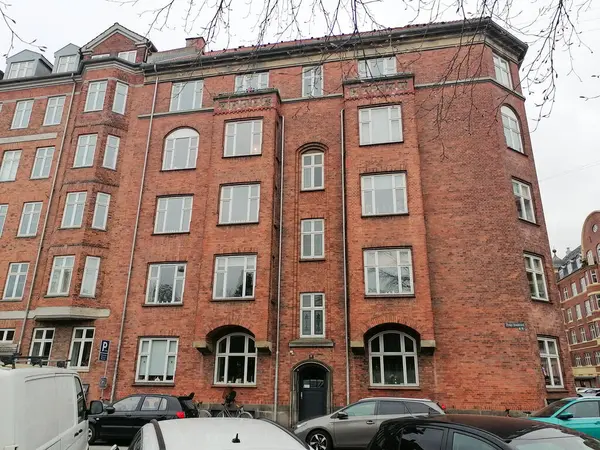 Kopenhag 'ın sakin caddesinde perade tuğlasıyla dekore edilmiş büyük binalar.