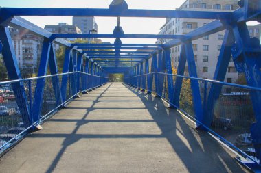 Belgrad 'daki Dunavska Caddesi üzerindeki yaya geçidi için büyük bir köprü maviye boyandı