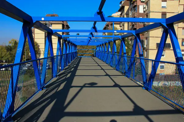 Belgrad 'daki Dunavska Caddesi üzerindeki yaya geçidi için büyük bir köprü maviye boyandı