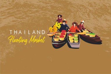 Asya 'da yüzen piyasa manzarasının vektör illüstrasyonu.