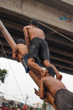 Endonezya Bağımsızlık Günü Kalimalang, Doğu Jakarta 'da Pinang Tırmanma Yarışması.