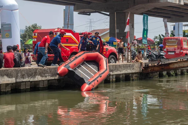 stock image Indonesian independence day rubber boat in Kalimalang, East Jakarta.