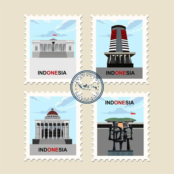 Landmärken För Städer Indonesien Form Frimärken — Stock vektor