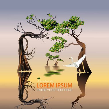 Köklü mangrov ağacı yeşil yapraklarla dans eder gibi. Vektör illüstrasyonu.