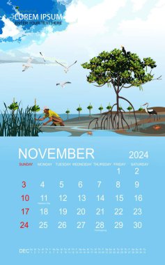 Calendar 2024 with a panorama of mangrove forests and their habitat. clipart