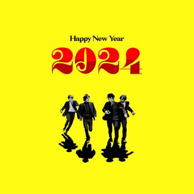 The Beatles grubunun üyelerinin resimleriyle dolu mutlu yıllar 2024 tebrik kartı..