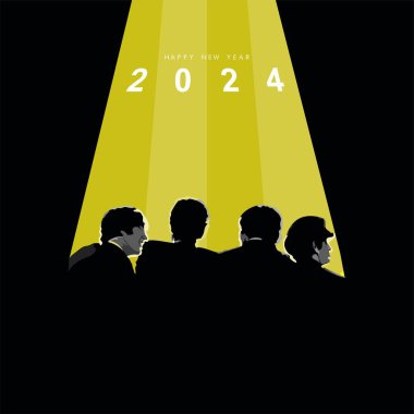 The Beatles grubunun üyelerinin resimleriyle dolu mutlu yıllar 2024 tebrik kartı..