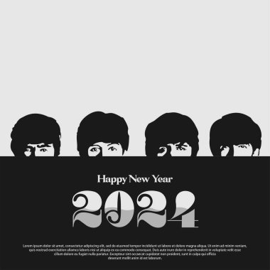 The Beatles grubunun üyelerinin resimleriyle dolu mutlu yıllar 2024 tebrik kartı..
