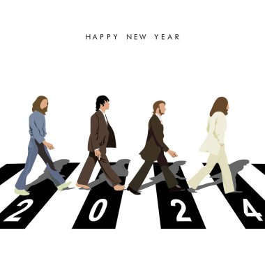 The Beatles grubunun üyelerinin resimleriyle dolu mutlu yıllar 2024 tebrik kartı..