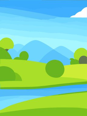 Doğa manzarası. Sevimli basit çizgi film tarzı, duvar kağıdı.