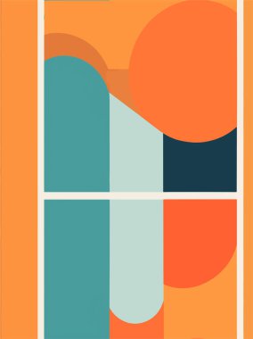 Bu renkli soyut resim dairelerin ve çizgilerin geometrik bir düzenini içeriyor. Daireler bir hareket ve enerji hissi yaratacak şekilde düzenlenmiştir.