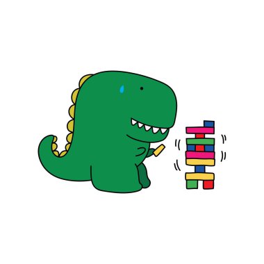 Kelimelerle Jenga oynayan sevimli canavarın vektör çizimi