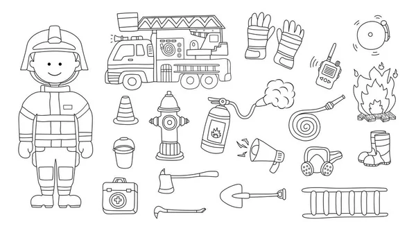 Ensemble Illustrations Vectorielles Dessinées Main Pour Enfants Pompiers Fournitures Équipement — Image vectorielle