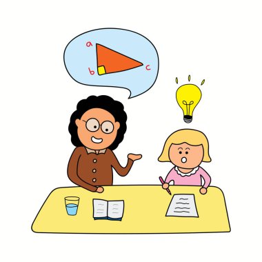 Çocuklar bir öğretmenin vektör çizimi bir öğrenciye sözcük lekesi tarzında matematik formülü öğretiyor.