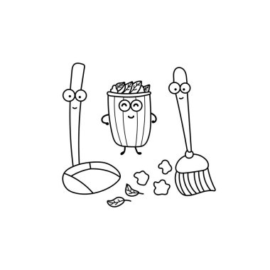 El çizimi illüstrasyon vektörü çocuklar komik süpürge faraşı ve çöp tenekesini kelime lekesi tarzında çiziyorlar