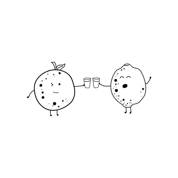 Дитячий Стиль Малювання Смішні Фрукти Апельсин Лимонний Сік Разом Мультиплікаційному — стоковий вектор