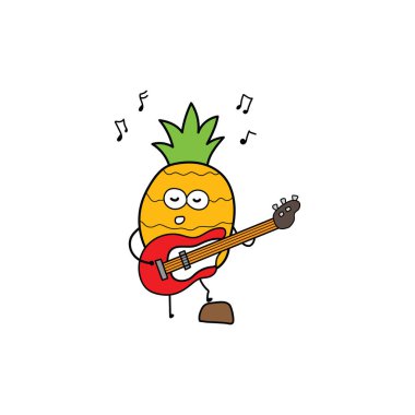 Çocukların çizim tarzı komik ananas kelime lekeli bir çizgi film tarzında gitar çalması