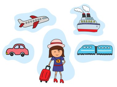 Çizgi filmdeki bavullu kadının vektör illüstrasyonu tatile çıkıyor. Kelime lekelerine göre seyahat kavramı