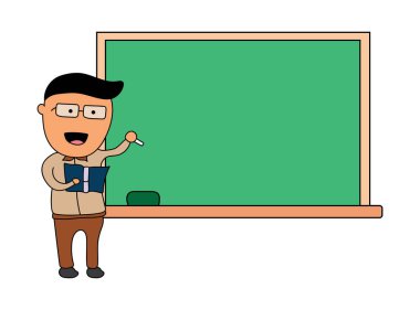 Kitapları ve tahtası olan Vektör İllüstrasyon Öğretmeni, beyaz arkaplanda izole edilmiş vektör düz tasarım çizimi. Kelime lekesine göre