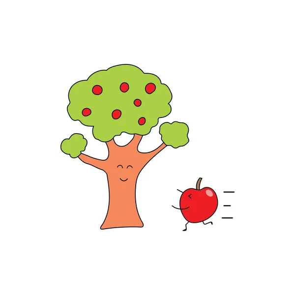 Дитячий Стиль Малювання Милий Яблуко Проходить Через Дерево Мультиплікаційний Стиль — стоковий вектор