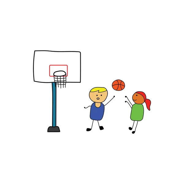 Çocukların çizim tarzı tatlı çocuklar çizgi film tarzında basketbol oynuyorlar.