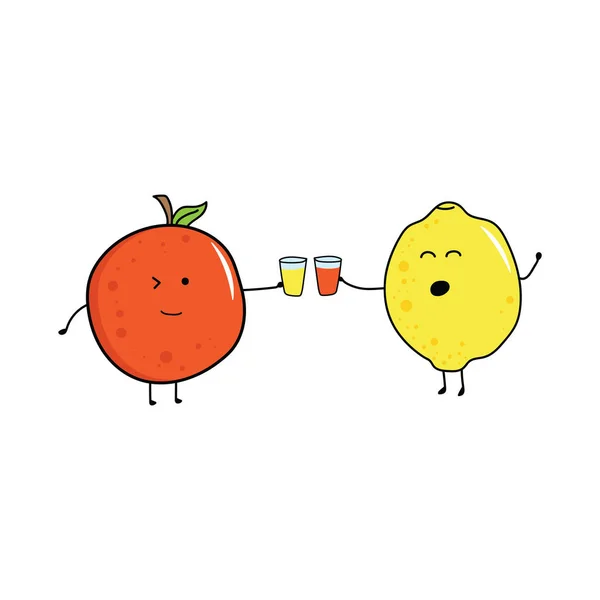 Gyerekek Rajz Stílus Vicces Gyümölcsök Narancs Citrom Ivólé Együtt Egy — Stock Vector