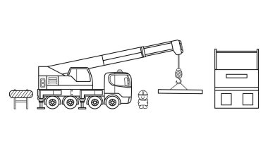 Elle çizilmiş Vektör illüstrasyon rengi çocuklar inşaat vinç kamyonu ve inşaat işçisi