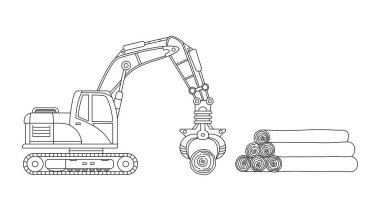 Elle çizilmiş Vektör illüstrasyon rengi çocuklar, ahşap kütükler ve inşaat işçileriyle hidrolik kıskaç kazıcısı inşa ediyorlar.