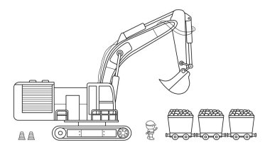 Elle çizilmiş renkli çocuklar, maden arabalarıyla orta büyüklükte kazıcı inşa ediyorlar ve inşaat işçisi kelime lekeleri ile tırmanıyor.