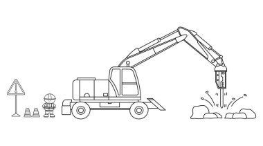 Elle çizilmiş Vektör illüstrasyon rengi çocuklar mini boyutta, tekerlekli matkap kazıcısı ve inşaat işçisi sözcüklere göre tırman