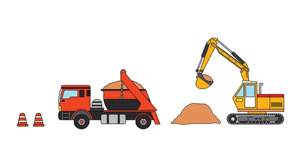 Klip sanatı renginde çocuklar. Mini kazıcı, çöp kamyonu ve trafik konileri seti.