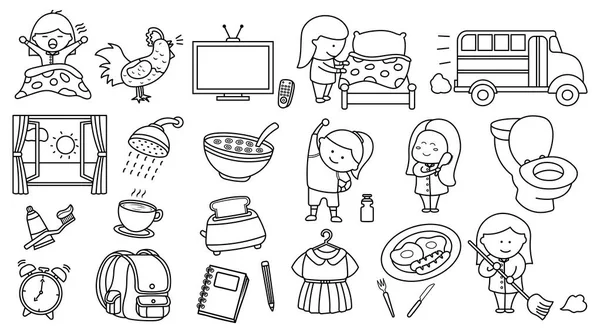 Set Disegno Disegnato Mano Bambini Della Routine Quotidiana Della Ragazza — Vettoriale Stock