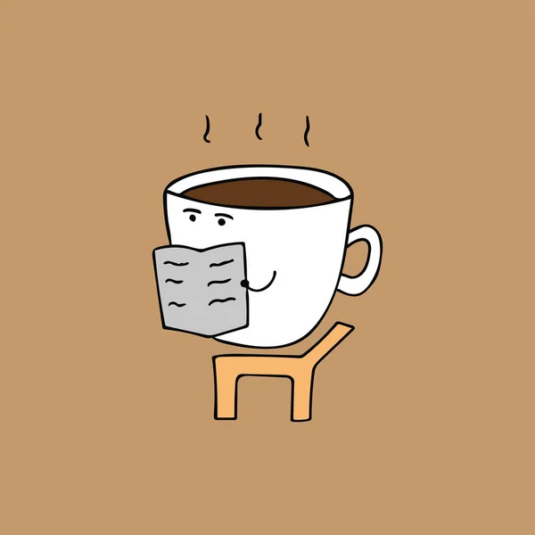 Bonito Café Leitura Jornal Cartoon Mascote Personagem Vetor Ilustração Cor — Vetor de Stock
