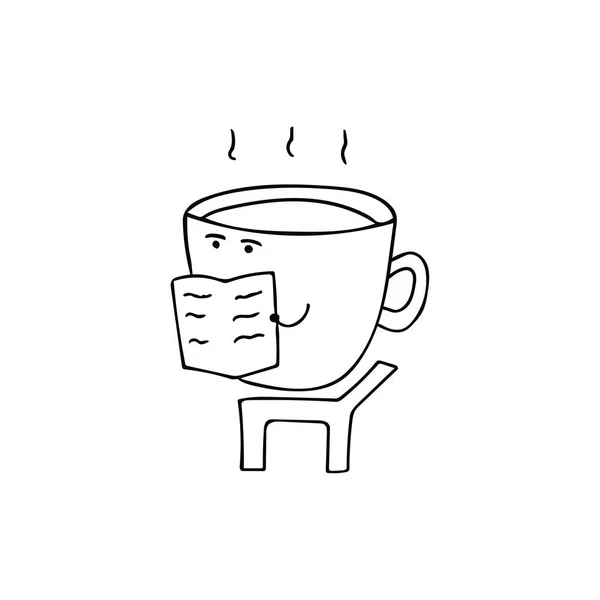 Dessiné Main Journal Lecture Café Mignon Cartoon Mascotte Personnage Vectoriel — Image vectorielle