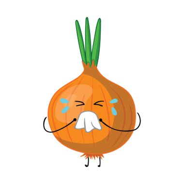 Ağlayan soğan burnunu peçeteyle siler Maskot Karakteri Vektör illüstrasyon Çocuk çizgi film klibi