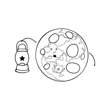 El çizimi ay, gece gökyüzünde bir yıldız feneri tutuyor. Maskot Karakter Vektör illüstrasyonları. Çizgi film, çocuk zirvesi.