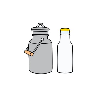 Çocuklar Beyaz Arkaplan 'a izole edilmiş şirin süt kutusu ve şişe ikonu çiziyorlar.