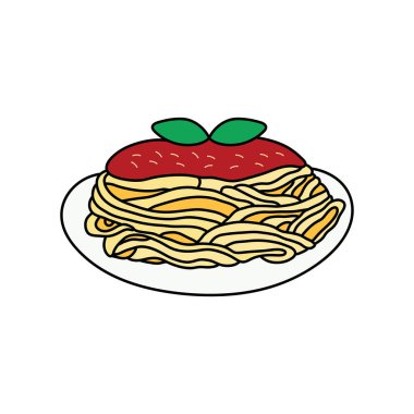 Çocuklar Beyaz Arkaplan 'a izole edilmiş bolonez soslu makarna ikonu çiziyor.