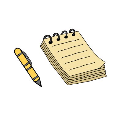 Beyaz Arkaplanda izole edilmiş Çizgi Film Vektörü illüstrasyon defteri ve tükenmez kalem simgesi çizen çocuklar