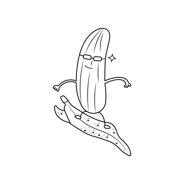 Hand Drawn Kids Drawing Cartoon Vector Illustration Cute Banana Surfer — Stock Vector
