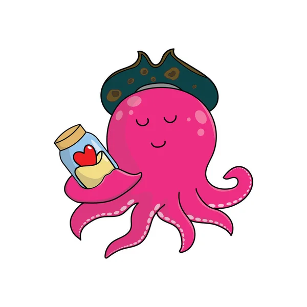 Cute Octopus Jar Heart Mascot Character Vector Illustration Color Children — Stock Vector