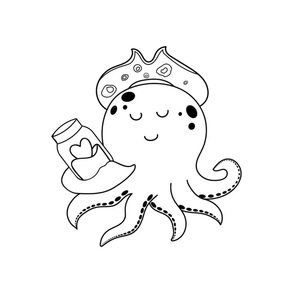 Hand Drawn Cute Octopus Jar Heart Mascot Character Vector Illustration — Stock Vector