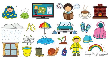 Çocuklar yağmurlu günlerin vektör illüstrasyon setini çiziyor, beyaz zeminde izole edilmiş karalama tarzında yağmur mevsimi simgesi