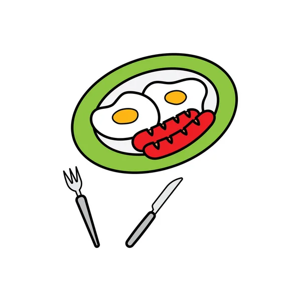 Niños Dibujo Dibujos Animados Vector Ilustración Desayuno Salchicha Huevo Frito — Vector de stock